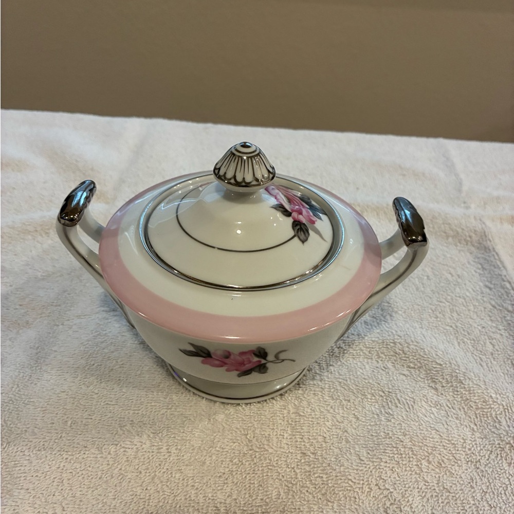 Elegant Pink and White Porcelain Sugar Bowl